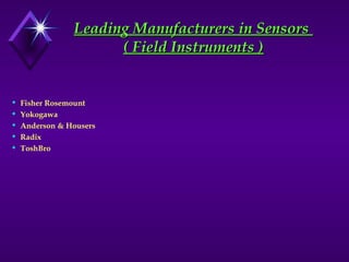 Leading Manufacturers in Sensors
Leading Manufacturers in Sensors
( Field Instruments )
( Field Instruments )
 Fisher Rosemount
 Yokogawa
 Anderson & Housers
 Radix
 ToshBro
 