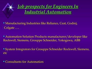 Job prospects for Engineers In
Job prospects for Engineers In
Industrial Automation
Industrial Automation
 Manufacturing Industries like Reliance, Ceat, Godrej,
Colgate ….
 Automation Solution Products manufacturer/developer like
Rockwell, Siemens, Grouppe Schneider, Yokogawa, ABB
 System Integrators for Grouppe Schneider Rockwell, Siemens,
etc
 Consultants for Automation
 