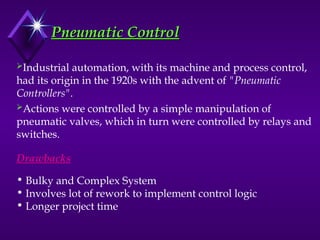 Pneumatic Control
Pneumatic Control
Industrial automation, with its machine and process control,
had its origin in the 1920s with the advent of "Pneumatic
Controllers".
Actions were controlled by a simple manipulation of
pneumatic valves, which in turn were controlled by relays and
switches.
Drawbacks
• Bulky and Complex System
• Involves lot of rework to implement control logic
• Longer project time
 