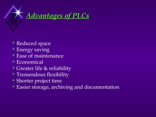 Advantages of PLCs
Advantages of PLCs
 Reduced space
 Energy saving
 Ease of maintenance
 Economical
 Greater life & reliability
 Tremendous flexibility
 Shorter project time
 Easier storage, archiving and documentation
 