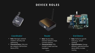 ZIGBEE
DEVICE ROLES
Coordinator Router End Device
11
 Role: Manages network
creation, security, and
addressing.
 Characteristics: Only one
per network, full-function
device (FFD).
 Role: Routes data,
extends network range,
connects devices.
 Characteristics: FFD,
crucial in mesh and tree
topologies
 Role: Performs specific
tasks (e.g., sensor
reading).
 Characteristics: Energy-
efficient, reduced-function
device (RFD), no data
routing.
 