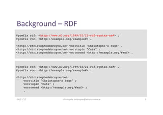 Background	–	RDF	
04/11/17	 christophe.debruyne@adaptcentre.ie	 5	
@prefix rdf: <http://www.w3.org/1999/02/22-rdf-syntax-n...