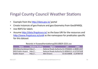 Fingal	County	Council	Weather	Sta-ons	
•  Example	from	the	h>p://data.gov.ie/	portal	
•  Create	instances	of	geo:Feature	a...