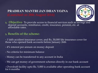  Objective- To provide access to financial services such as savings and
deposit accounts, remittance, credit, insurance, pension, etc. at
affordable rates.
 Benefits of the scheme:
- 1 lakh accident insurance cover, and Rs. 30,000 life insurance cover for
those who opened bank accounts before January 26th
- 4% interest per annum on money deposit
- No criteria for minimum balance
- Money can be transferred to any account in India
- We can get money of government schemes directly in our bank account
- Overdraft facility upto Rs. 5,000 is available after operating bank account
for 6 months
PRADHAN MANTRI JAN DHAN YOJNA
(Launched on 28th August 2014)
 