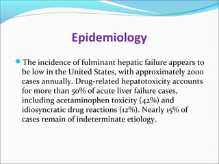Epidemiology 
The incidence of fulminant hepatic failure appears to 
be low in the United States, with approximately 2000 
cases annually. Drug-related hepatotoxicity accounts 
for more than 50% of acute liver failure cases, 
including acetaminophen toxicity (42%) and 
idiosyncratic drug reactions (12%). Nearly 15% of 
cases remain of indeterminate etiology. 
 