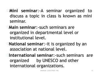Mini seminar:-A seminar organized to
discuss a topic in class is known as mini
seminar.
Main seminar:-such seminars are
organized in departmental level or
institutional level.
National seminar:-it is organized by an
association at national level.
International seminar:-such seminars are
organized by UNESCO and other
international organizations.
15ANANDA. S ASST.PROF. YNC
 