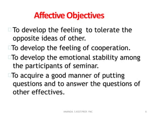 AffectiveObjectives
 To develop the feeling to tolerate the
opposite ideas of other.
To develop the feeling of cooperation.
To develop the emotional stability among
the participants of seminar.
To acquire a good manner of putting
questions and to answer the questions of
other effectives.
6ANANDA. S ASST.PROF. YNC
 