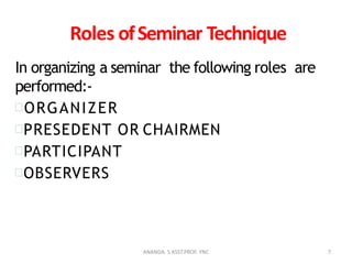 Roles ofSeminar Technique
In organizing a seminar the following roles are
performed:-
ORGANIZER
PRESEDENT OR CHAIRMEN
PARTICIPANT
OBSERVERS
7ANANDA. S ASST.PROF. YNC
 