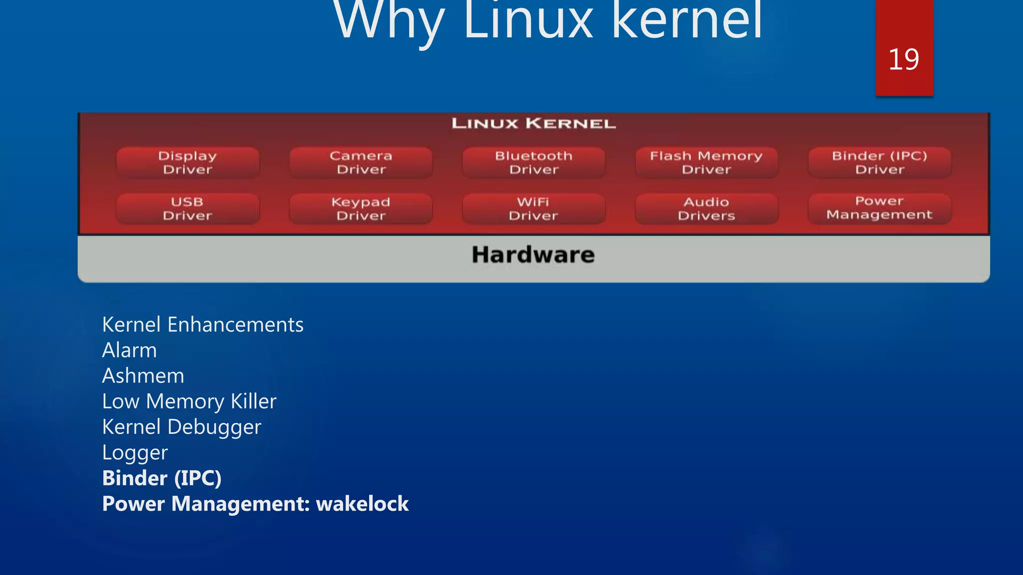 Why Linux kernel Kernel Enhancements Alarm Ashmem Low Memory Killer Kernel Debugger Logger Binder (IPC) Power Management: wakelock 19 