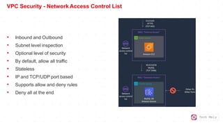 Tech Mely
VPC Security - Network Access Control List
• Inbound and Outbound
• Subnet level inspection
• Optional level of security
• By default, allow all traffic
• Stateless
• IP and TCP/UDP port based
• Supports allow and deny rules
• Deny all at the end
 