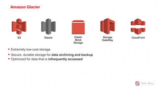 Tech Mely
Amazon Glacier
 Extremely low-cost storage
 Secure, durable storage for data archiving and backup
 Optimized for data that is infrequently accessed
 