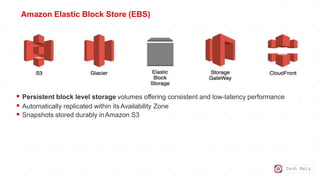 Tech Mely
Amazon Elastic Block Store (EBS)
 Persistent block level storage volumes offering consistent and low-latency performance
 Automatically replicated within itsAvailability Zone
 Snapshots stored durably inAmazon S3
 