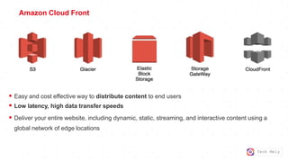 Tech Mely
Amazon Cloud Front
 Easy and cost effective way to distribute content to end users
 Low latency, high data transfer speeds
 Deliver your entire website, including dynamic, static, streaming, and interactive content using a
global network of edge locations
 