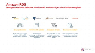 Tech Mely
Amazon RDS
Managed relational database service with a choice of popular database engines
Easy to administer
Easily deploy and maintain
hardware, OS and DB
software; built-in monitoring
Available & durable
Automatic Multi-AZ data
replication; automated
backup, snapshots, and
failover
Performant & scalable
Scale compute
and storage with a few clicks;
minimal downtime for your
application
Secure and compliant
Data encryption at rest and in
transit; industry compliance
and assurance programs
 