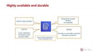 Tech Mely
Highly available and durable
Designed to support
99.99%
of availability
Built for high durability
WRITES
3-way replication
Persisted to disk
(Custom SSD)
READS
Strongly or eventually consistent
No latency trade-off
Data is always replicated to
three Availability Zones
 
