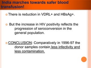 India marches towards safer blood 
transfusion! 
 There is reduction in VDRL+ and HBsAg+. 
 But the increase in HIV positivity reflects the 
progression of seroconversion in the 
general population. 
CONCLUSION: Comparatively in 1996-97 the 
donor samples contain less infectivity and 
less contamination. 
 