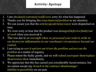 Activity: Apology


1. I am absolutely/extremely/really/very sorry for what has happened
2. Thanks you for bringing this issue/material/problem to my attention
3. We can assure you that the articles/goods/items/wares were dispatched on
   time.
4. We were sorry to hear that the product was damaged/defective/faulty/out
   of work when you received it.
5. This was due to an oversight when we processed your order/a strike in
   our factory/an inflammation in our warehouse/ circumstances beyond our
   control.
6. I am trying to sort it out/sort out it/sort the problem out/sort out the
   problem as a matter of urgency.
7. Please return the faulty goods, and we will refund you/repair them/replace
   them/restore them immediately.
8. We appreciate that this has caused you considerable inconvenience, but
   we cannot accept any breach in the contract/ disadvantage/
   liability/responsibility on our part.
 