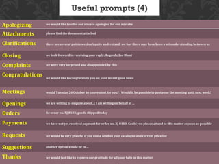 Useful prompts (4)
Apologizing       we would like to offer our sincere apologies for our mistake


Attachments       please find the document attached


Clarifications    there are several points we don’t quite understand; we feel there may have been a misunderstanding between us


Closing           we look forward to receiving your reply; Regards, Joe Blunt


Complaints        we were very surprised and disappointed by this


Congratulations   we would like to congratulate you on your recent good news



Meetings          would Tuesday 26 October be convenient for you? ; Would it be possible to postpone the meeting until next week?


Openings          we are writing to enquire about...; I am writing on behalf of ...


Orders            Re order no. XJ 8103; goods shipped today


Payments          we have not yet received payment for order no. XJ 8103. Could you please attend to this matter as soon as possible


Requests          we would be very grateful if you could send us your catalogue and current price list


Suggestions       another option would be to ...


Thanks            we would just like to express our gratitude for all your help in this matter
 