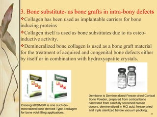 3. Bone substitute- as bone grafts in intra-bony defects
Collagen has been used as implantable carriers for bone
inducing proteins
Collagen itself is used as bone substitutes due to its osteo-
inductive activity.
Demineralized bone collagen is used as a bone graft material
for the treatment of acquired and congenital bone defects either
by itself or in combination with hydroxyapatite crystals.
34
Dembone is Demineralized Freeze-dried Cortical
Bone Powder, prepared from cortical bone
harvested from carefully screened human
donors, demineralized in HCl acid, freeze dried
and triple sterilized before vacuum packing.
Osseograft/DMBM is one such de-
mineralized bone derived Type-I collagen
for bone void filling applications.
 