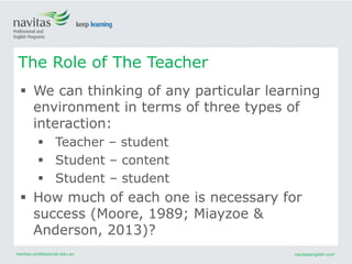 navitas-professional.edu.au navitasenglish.com
 We can thinking of any particular learning
environment in terms of three types of
interaction:
 Teacher – student
 Student – content
 Student – student
 How much of each one is necessary for
success (Moore, 1989; Miayzoe &
Anderson, 2013)?
The Role of The Teacher
 