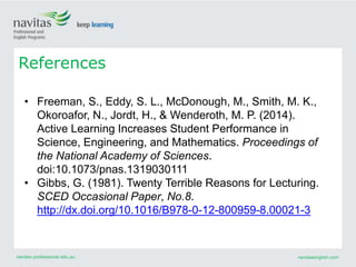 navitas-professional.edu.au navitasenglish.com
References
• Freeman, S., Eddy, S. L., McDonough, M., Smith, M. K.,
Okoroafor, N., Jordt, H., & Wenderoth, M. P. (2014).
Active Learning Increases Student Performance in
Science, Engineering, and Mathematics. Proceedings of
the National Academy of Sciences.
doi:10.1073/pnas.1319030111
• Gibbs, G. (1981). Twenty Terrible Reasons for Lecturing.
SCED Occasional Paper, No.8.
http://dx.doi.org/10.1016/B978-0-12-800959-8.00021-3
 