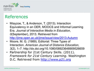 navitas-professional.edu.au navitasenglish.com
References
• Miayzoe, T., & Anderson, T. (2013). Interaction
Equivalency in an OER, MOOCS and Informal Learning
Era. Journal of Interactive Media in Education,
0(September), 2013. Retrieved from
http://jime.open.ac.uk/jime/issue/view/2013-Autumn
• Moore, M. G. (1989). Editorial: Three Types of
Interaction. American Journal of Distance Education,
3(2), 1–7. http://dx.doi.org/10.1080/08923648909526659
• Partnership for 21st Century Skills. (2011).
Framework for 21st Century Learning. Washington
D.C. Retrieved from http://www.p21.org
 