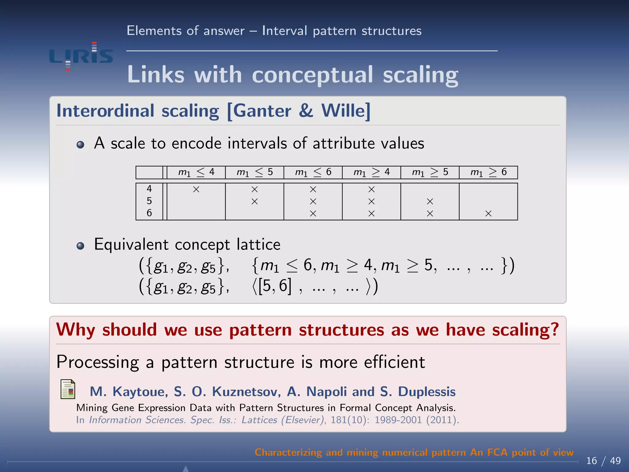 Elements of answer – Interval pattern structures
Links with conceptual scaling
Interordinal scaling [Ganter & Wille]
A scale to encode intervals of attribute values
m1 ≤ 4 m1 ≤ 5 m1 ≤ 6 m1 ≥ 4 m1 ≥ 5 m1 ≥ 6
4 × × × ×
5 × × × ×
6 × × × ×
Equivalent concept lattice
({g1, g2, g5}, {m1 ≤ 6, m1 ≥ 4, m1 ≥ 5, ... , ... })
({g1, g2, g5}, [5, 6] , ... , ... )
Why should we use pattern structures as we have scaling?
Processing a pattern structure is more eﬃcient
M. Kaytoue, S. O. Kuznetsov, A. Napoli and S. Duplessis
Mining Gene Expression Data with Pattern Structures in Formal Concept Analysis.
In Information Sciences. Spec. Iss.: Lattices (Elsevier), 181(10): 1989-2001 (2011).
16 / 49
Characterizing and mining numerical pattern An FCA point of view
 