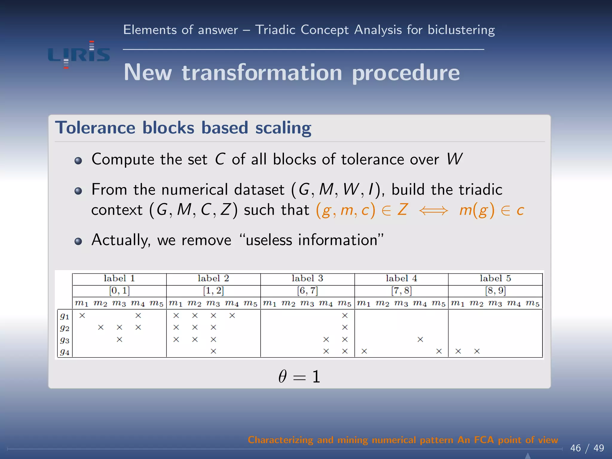 Elements of answer – Triadic Concept Analysis for biclustering
New transformation procedure
Tolerance blocks based scaling
Compute the set C of all blocks of tolerance over W
From the numerical dataset (G, M, W , I), build the triadic
context (G, M, C, Z) such that (g, m, c) ∈ Z ⇐⇒ m(g) ∈ c
Actually, we remove “useless information”
θ = 1
46 / 49
Characterizing and mining numerical pattern An FCA point of view
 