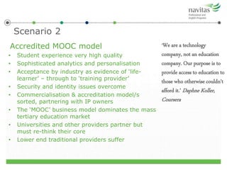 Scenario 2
Accredited MOOC model
• Student experience very high quality
• Sophisticated analytics and personalisation
• Acceptance by industry as evidence of ‘life-
learner’ – through to ‘training provider’
• Security and identity issues overcome
• Commercialisation & accreditation model/s
sorted, partnering with IP owners
• The ‘MOOC’ business model dominates the mass
tertiary education market
• Universities and other providers partner but
must re-think their core
• Lower end traditional providers suffer
‘We are a technology
company, not an education
company. Our purpose is to
provide access to education to
those who otherwise couldn’t
afford it.’ Daphne Koller,
Coursera
 