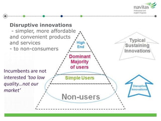 Disruptive innovations
- simpler, more affordable
and convenient products
and services
- to non-consumers
Incumbents are not
interested ‘too low
quality…not our
market’
 