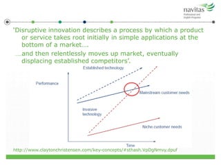 ‘Disruptive innovation describes a process by which a product
or service takes root initially in simple applications at the
bottom of a market….
…..and then relentlessly moves up market, eventually
displacing established competitors’.
http://www.claytonchristensen.com/key-concepts/#sthash.VpDgNmvy.dpuf
 