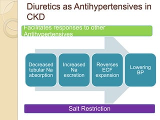 Diuretics as Antihypertensives in
 CKD
Facilitates responses to other
Antihypertensives



 Decreased    Increased    Reverses
                                       Lowering
 tubular Na       Na         ECF
                                         BP
 absorption    excretion   expansion




                Salt Restriction
 