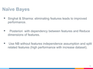 Naïve Bayes
 Singhal & Sharma: eliminating features leads to improved
performance.
 Posteriori with dependency between features and Reduce
dimensions of features.
 Use NB without features independence assumption and split
related features (high performance with increase dataset).
18
 