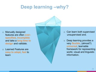 25
o Manually designed
features are often over-
specified, incomplete
and take a long time to
design and validate.
o Learned Features are
easy to adapt, fast to
learn
Deep learning –why?
o Can learn both supervised
unsupervised and.
o Deep learning provides a
very flexible, (almost?)
universal, learnable
framework for representing
world, visual and linguistic
information.
 