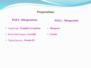Preparations
PGE2 : Dinoprostone PGE1 : Misoprostol
 Vaginal gel : Prepidil, Cerviprime
 Removable tampon : Cervidil
 Vaginal pessary : Prostin E2
 Misoprost
 Cytotec
 