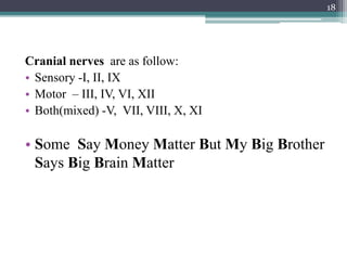 Cranial nerves are as follow:
• Sensory -I, II, IX
• Motor – III, IV, VI, XII
• Both(mixed) -V, VII, VIII, X, XI
• Some Say Money Matter But My Big Brother
Says Big Brain Matter
18
 