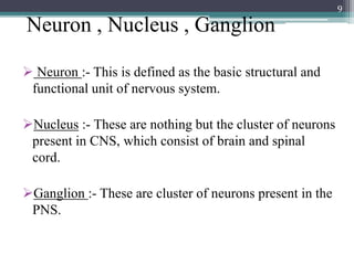 Neuron , Nucleus , Ganglion
 Neuron :- This is defined as the basic structural and
functional unit of nervous system.
Nucleus :- These are nothing but the cluster of neurons
present in CNS, which consist of brain and spinal
cord.
Ganglion :- These are cluster of neurons present in the
PNS.
9
 
