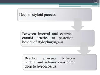 Deep to styloid process
Between internal and external
carotid arteries at posterior
border of stylopharyngeus
Reaches pharynx between
middle and inferior constrictor
deep to hypoglossus.
91
 