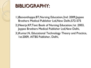 BIBLIOGRAPHY:BIBLIOGRAPHY:
1.)Basvanthappa.BT,Nursing Education,2nd :2009,Jaypee
Brothers Medical Publisher Ltd,New Delhi,572-575
2.)Neerja.KP,Text Book of Nursing Education,1st :2003,
Jaypee Brothers Medical Publisher Ltd,New Delhi,
3.)Kumar.N, Educational Technology Theory and Practice,
1st:2009, AITBS Publisher, Delhi,
 