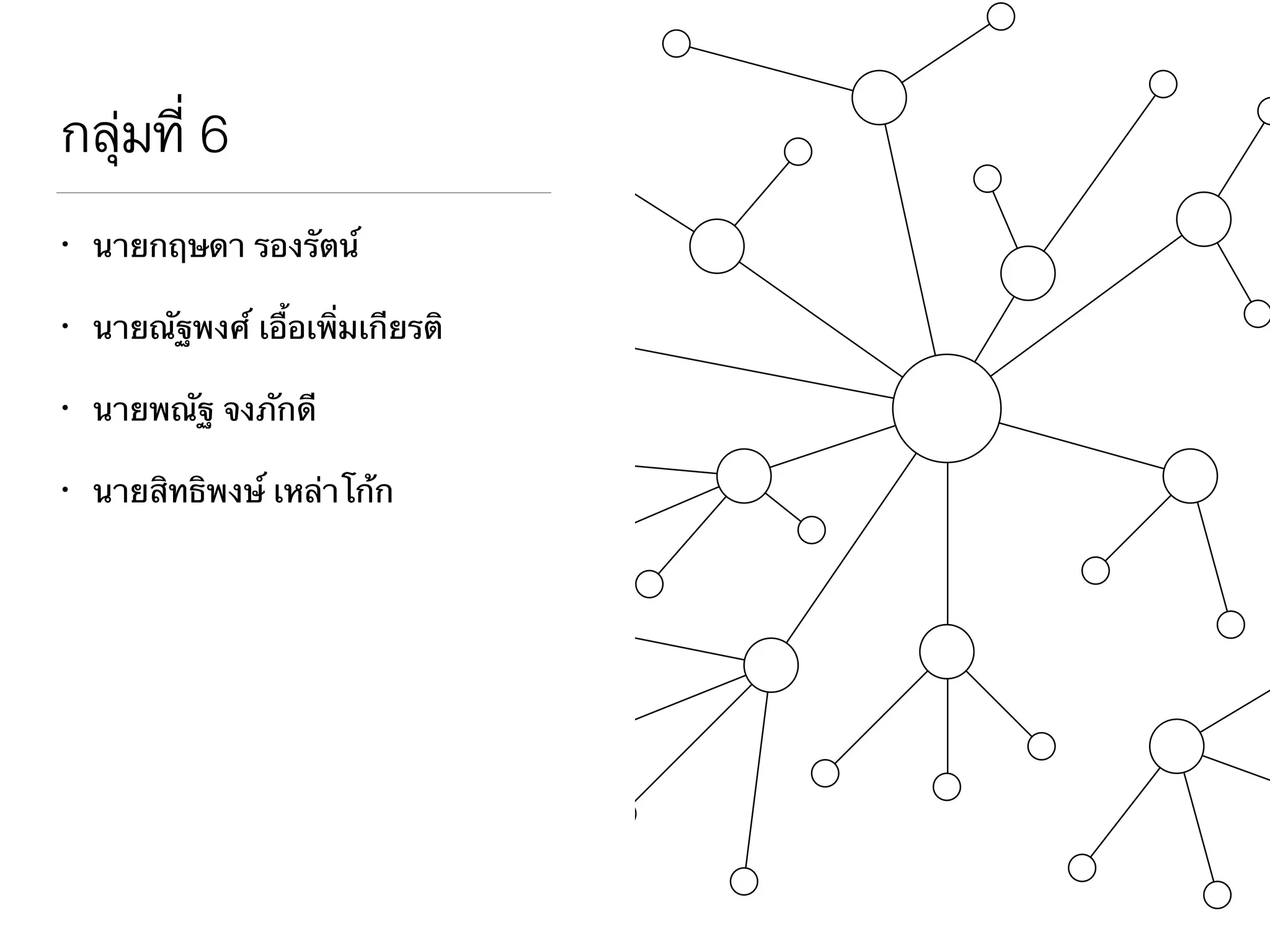 กลุ่มที่ 6
• นายกฤษดา รองรัตน์ 

• นายณัฐพงศ์ เอื้อเพิ่มเกียรติ 

• นายพณัฐ จงภักดี

• นายสิทธิพงษ์ เหล่าโก้ก
 