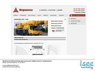 Правильная веб-аналитика для повышения эффективности продвижения
Автор: Алексей Иванов / 27.03.2015
a.ivanov@iseemarketing.ru
facebook.com/ivanov.aleksey
 