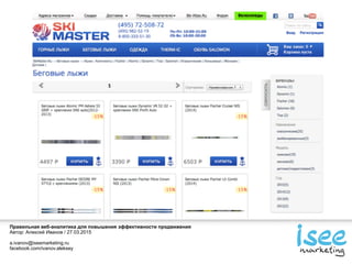 Правильная веб-аналитика для повышения эффективности продвижения
Автор: Алексей Иванов / 27.03.2015
a.ivanov@iseemarketing.ru
facebook.com/ivanov.aleksey
 