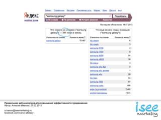 Правильная веб-аналитика для повышения эффективности продвижения
Автор: Алексей Иванов / 27.03.2015
a.ivanov@iseemarketing.ru
facebook.com/ivanov.aleksey
 