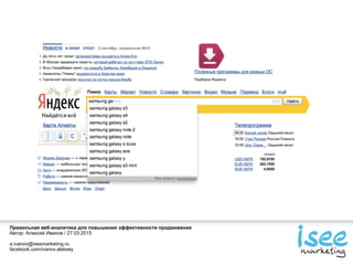 Правильная веб-аналитика для повышения эффективности продвижения
Автор: Алексей Иванов / 27.03.2015
a.ivanov@iseemarketing.ru
facebook.com/ivanov.aleksey
 