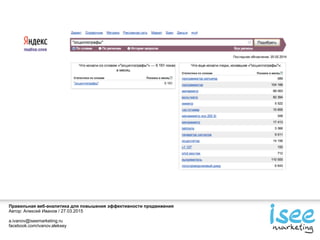 Правильная веб-аналитика для повышения эффективности продвижения
Автор: Алексей Иванов / 27.03.2015
a.ivanov@iseemarketing.ru
facebook.com/ivanov.aleksey
 