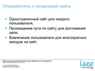 Правильная веб-аналитика для повышения эффективности продвижения
Автор: Алексей Иванов / 27.03.2015
a.ivanov@iseemarketing.ru
facebook.com/ivanov.aleksey
Одностраничный сайт для каждого
пользователя,
Прохождение пути по сайту для достижения
цели,
Вовлечение пользователя для многократных
заходов на сайт.
Определитесь с концепцией сайта
 