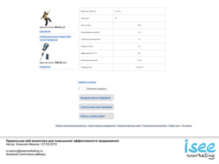 Правильная веб-аналитика для повышения эффективности продвижения
Автор: Алексей Иванов / 27.03.2015
a.ivanov@iseemarketing.ru
facebook.com/ivanov.aleksey
 