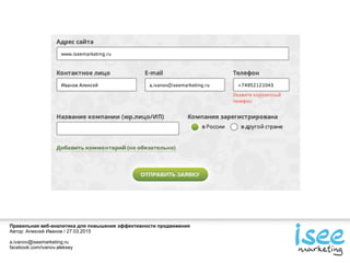 Правильная веб-аналитика для повышения эффективности продвижения
Автор: Алексей Иванов / 27.03.2015
a.ivanov@iseemarketing.ru
facebook.com/ivanov.aleksey
 