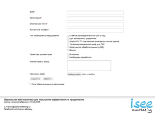 Правильная веб-аналитика для повышения эффективности продвижения
Автор: Алексей Иванов / 27.03.2015
a.ivanov@iseemarketing.ru
facebook.com/ivanov.aleksey
 
