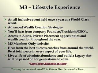 M3 – Lifestyle Experience An all inclusive event held once a year at a World Class resort. Advanced Wealth Creation Strategies. You’ll hear from company Founders/Presidents/CEO’s. Access to Alerts, Private Placement opportunities and wealth creation throughout the year. M3 Members Only web site. Hear from the best success coaches from around the world. Be at total peace in every aspect of your life. Live a life of absolute abundance and build a Legacy that will be passed on for generations to come. * Leave Your Checkbook at Home * 